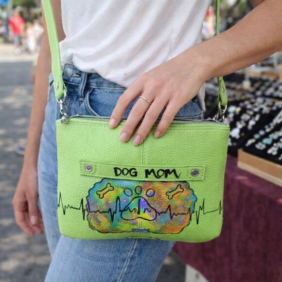 Hand Crafted Handbags - Hand Painted Faux Leather Lime Green Crossbody Dog Mom Bag Purse